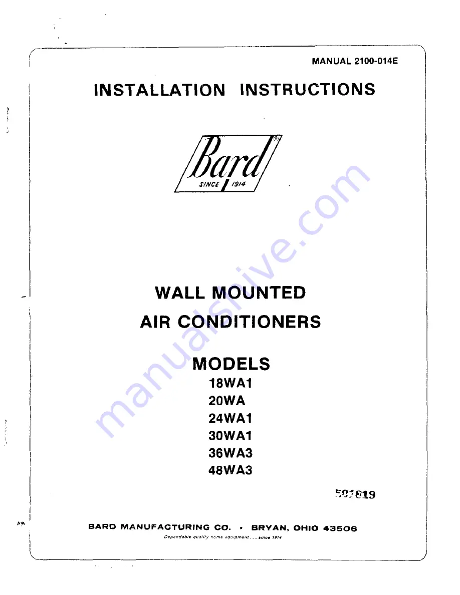 Bard 18WA1 Installation Instructions Manual Download Page 1