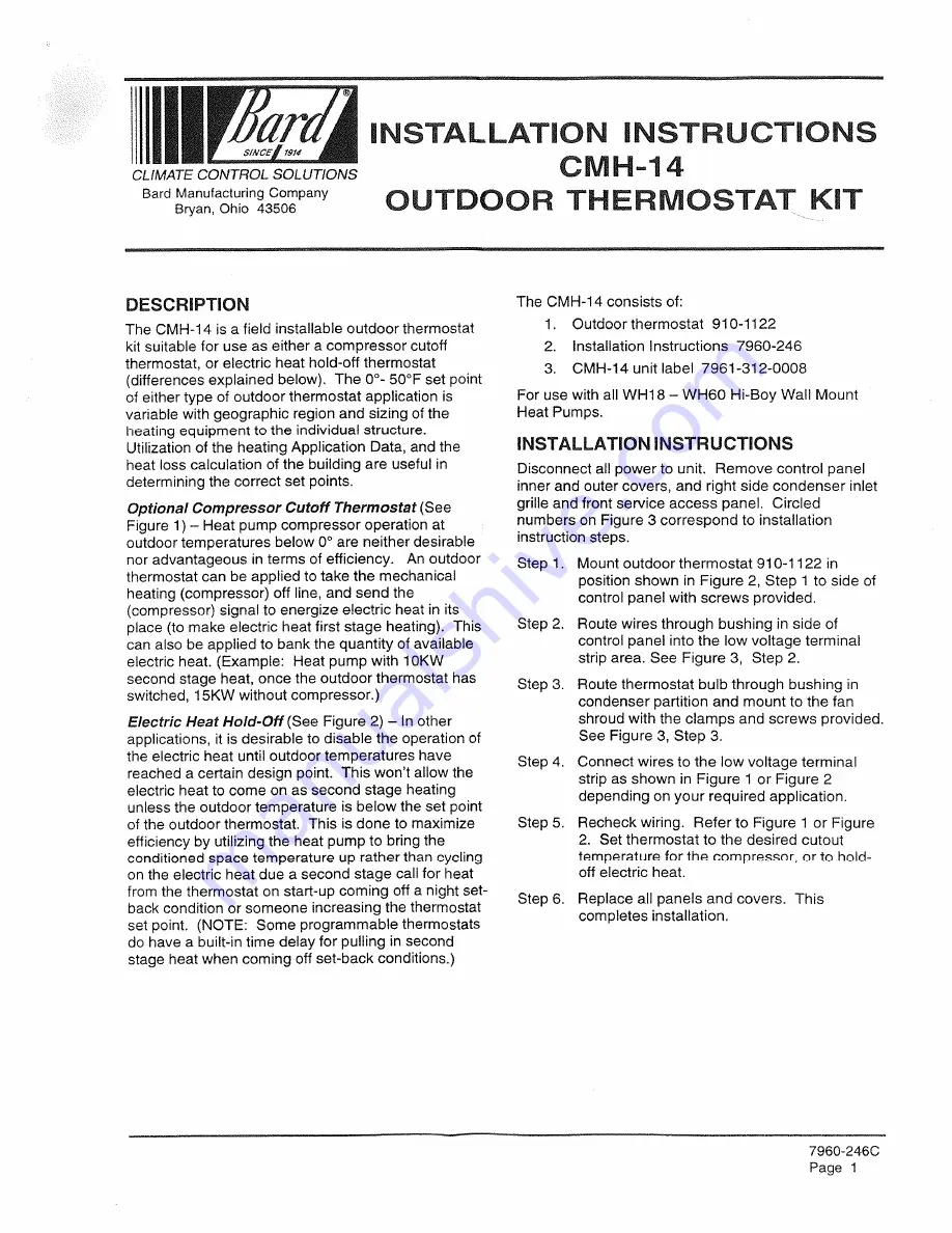 Bard CMH-14 Installation Instructions Download Page 1