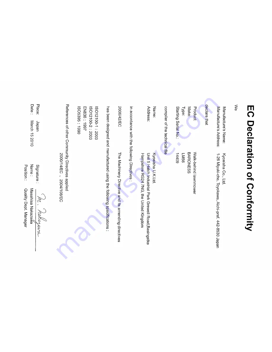 Baroness Green mower LM56GA Owner'S Handling Manual Download Page 20