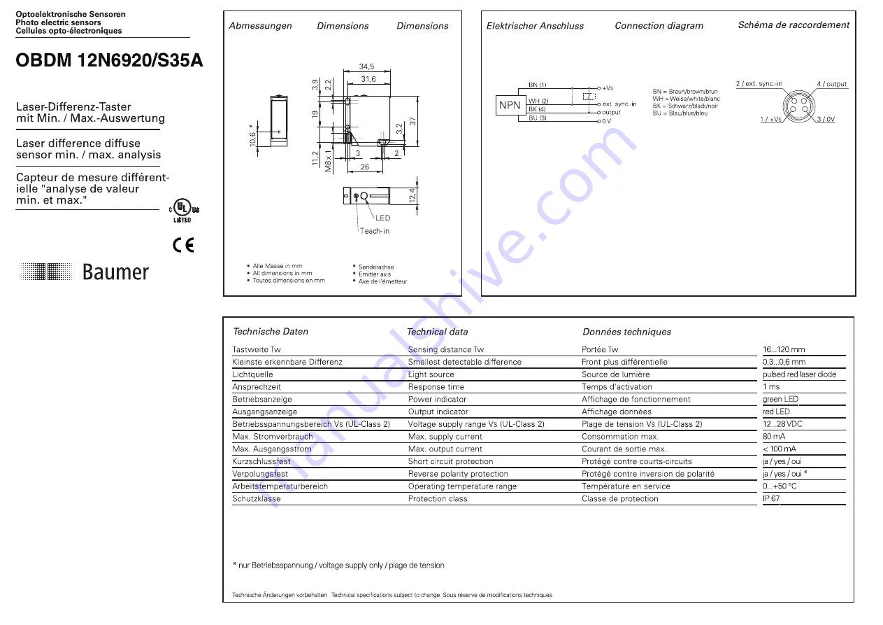 Baumer OBDM 12N6920/S35A Скачать руководство пользователя страница 1