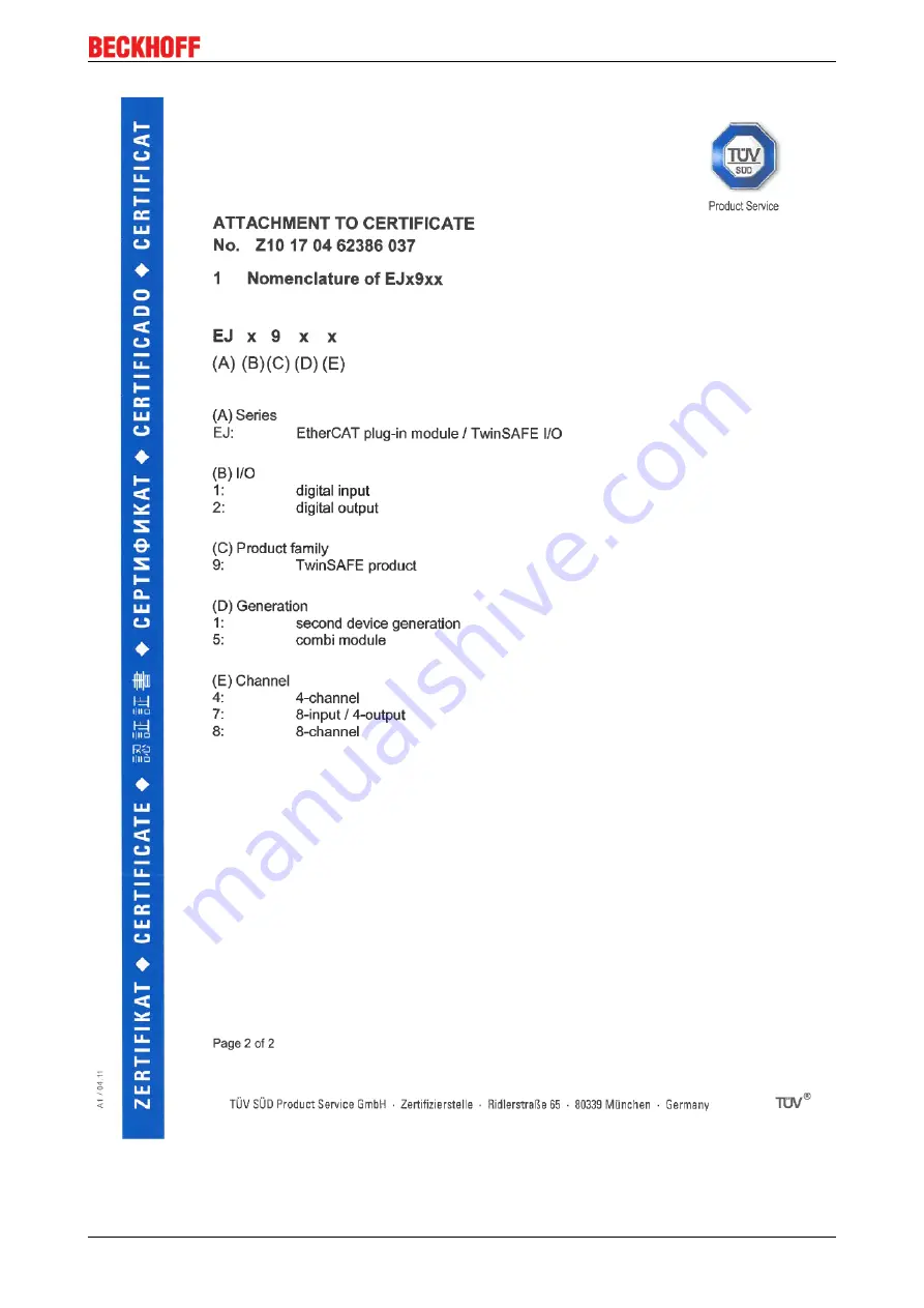 Beckhoff TwinSAFE EJ Series Operation Manual Download Page 41