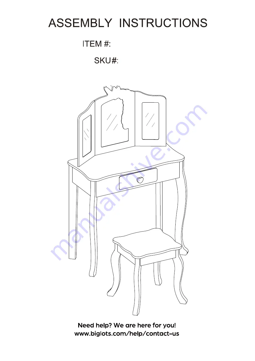 Big Lots Girls Unicorn Dress Up Table Set BQ096-0692WH Assembly Instructions Manual Download Page 1