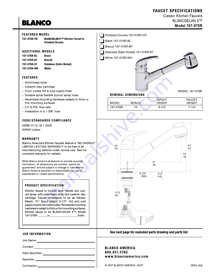 Blanco 157-075R Specification Sheet Download Page 1