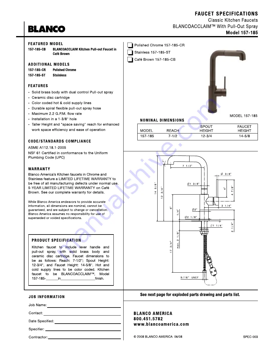 Blanco BlancoAcclaim 157-185 Specification Sheet Download Page 1