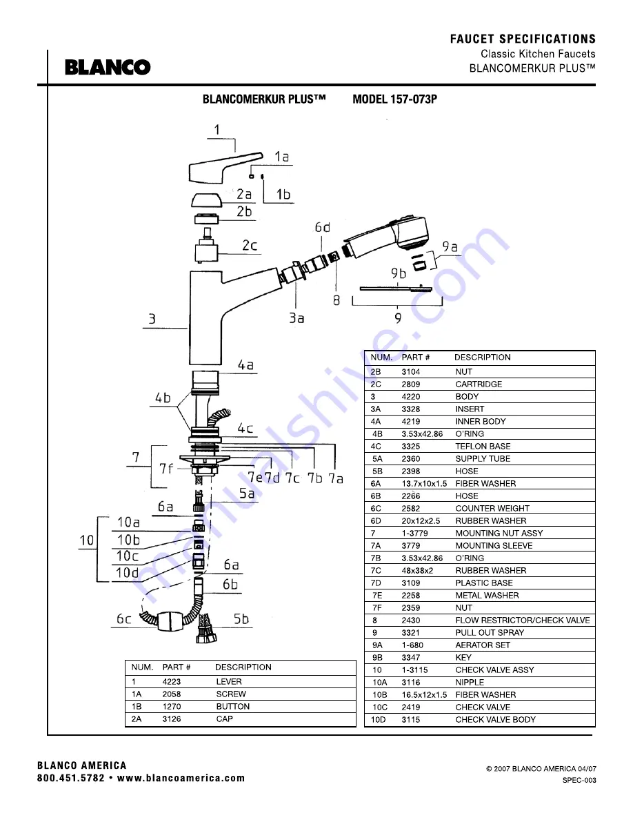 Blanco BlancoMerkur Plus 157-073P Specification Sheet Download Page 2