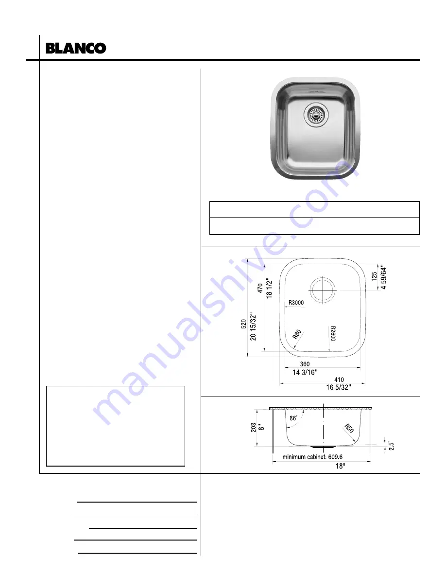 Blanco BlancoSupreme 510-886 Specification Sheet Download Page 1