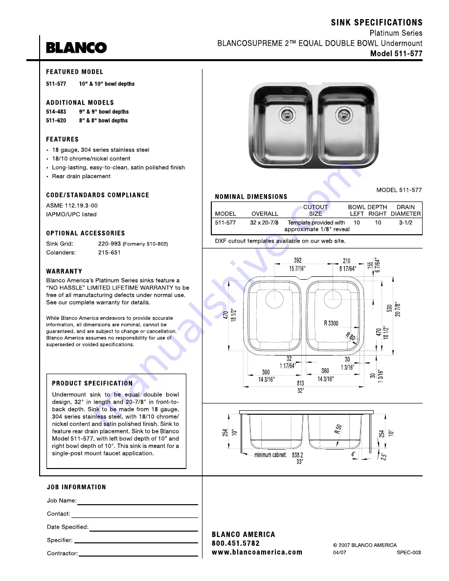 Blanco BlancoSupreme 511-577 Specification Sheet Download Page 1