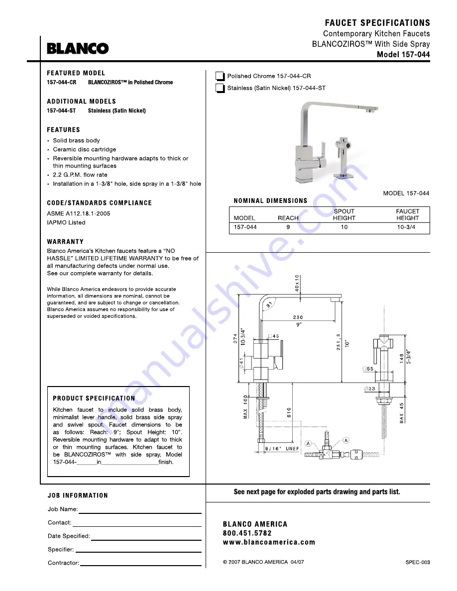 Blanco Contemporary Kitchen Faucet with Side Spray 157-044 Скачать руководство пользователя страница 1