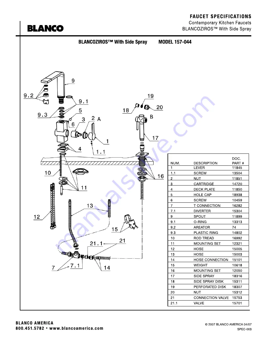 Blanco Contemporary Kitchen Faucet with Side Spray 157-044 Скачать руководство пользователя страница 2