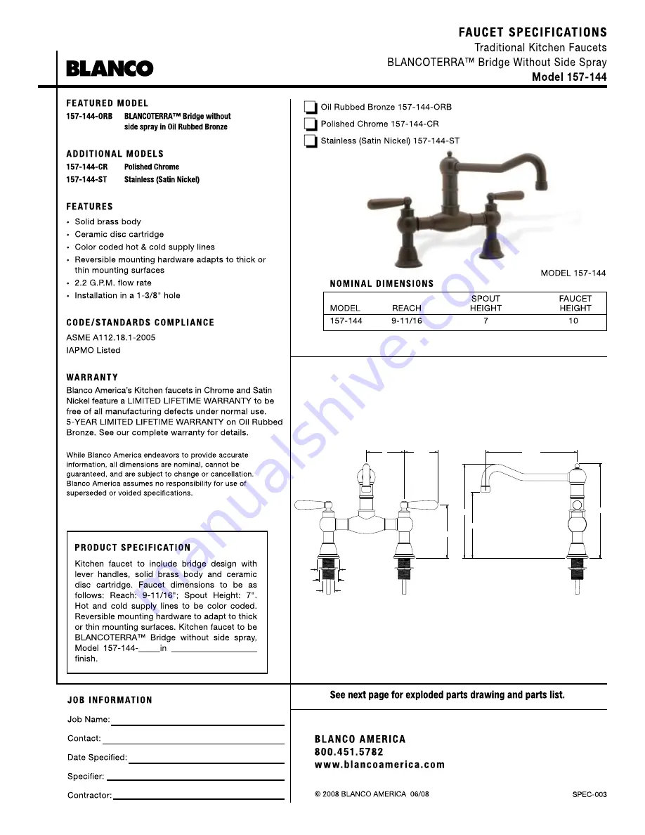 Blanco Traditional Kitchen Faucet Bridge Without Side Spray 157-144 Specifications Download Page 1