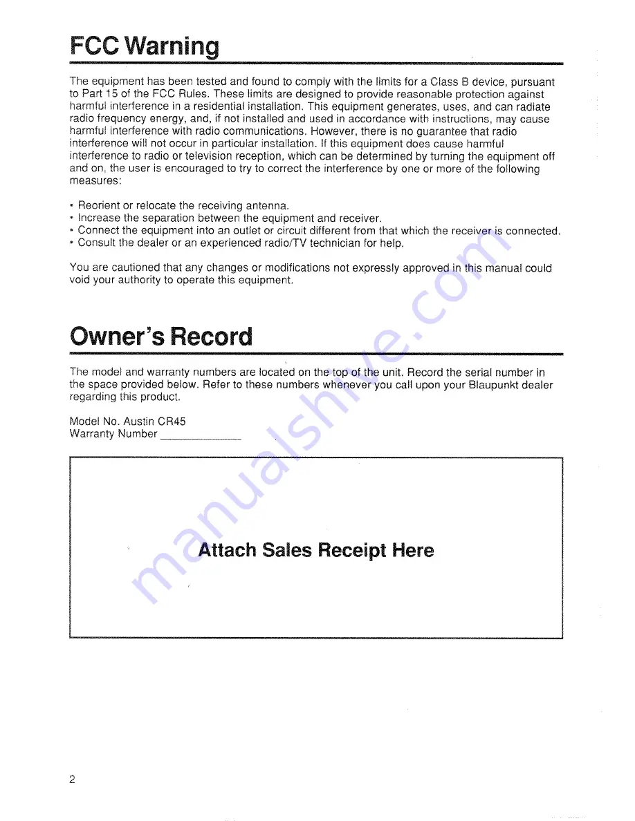 Blaupunkt Austin CR45 Owner'S Record Download Page 2