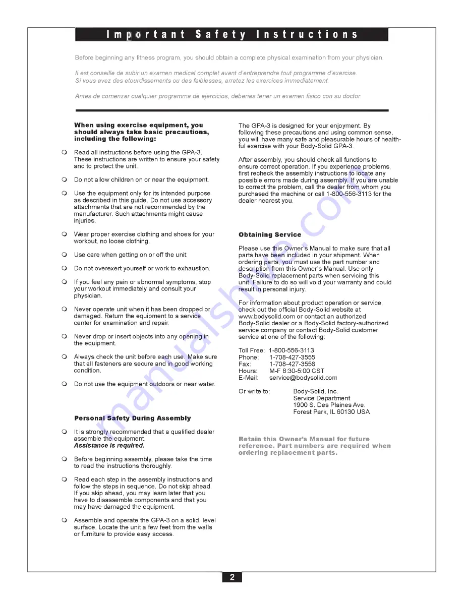 Body Solid GPA-3 Assembly Instructions Manual Download Page 2