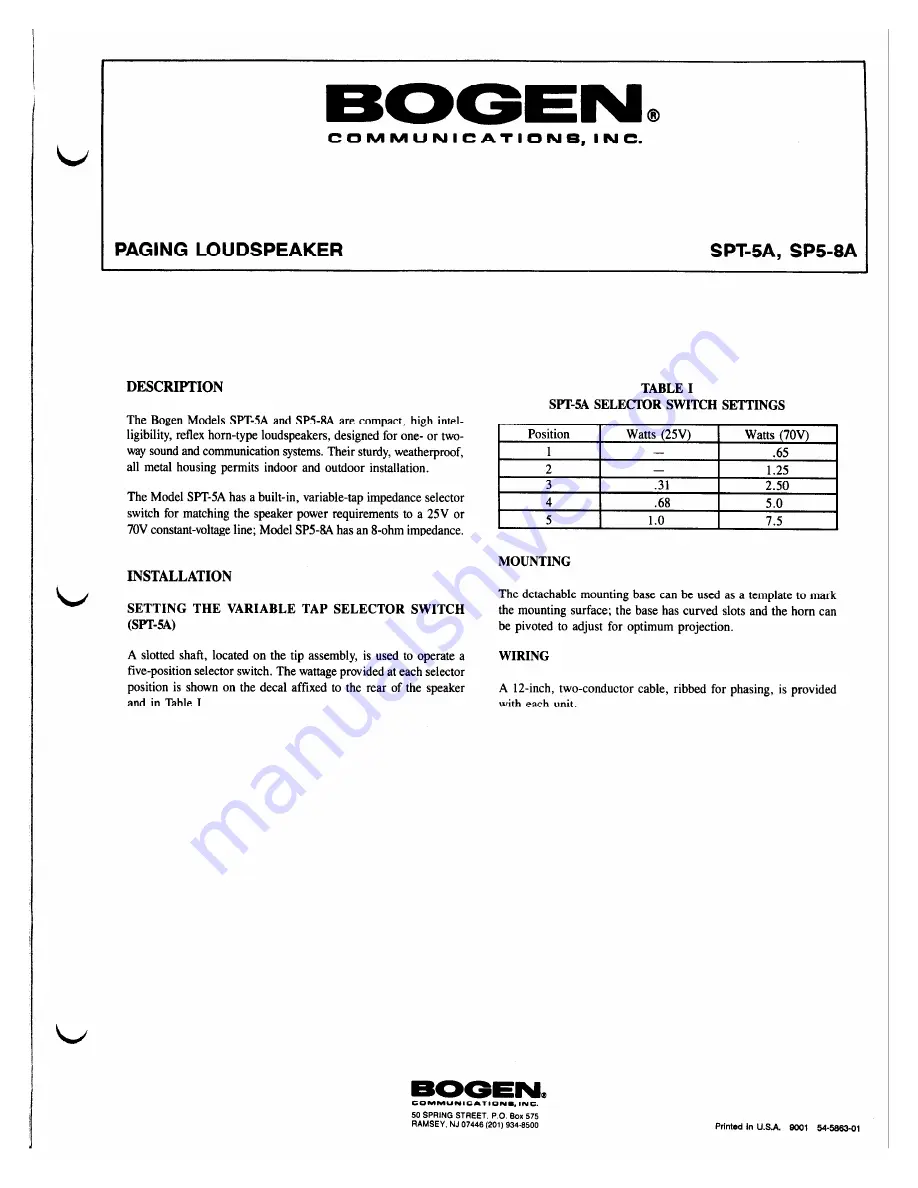 Bogen SPT-5A Install Manual Download Page 1