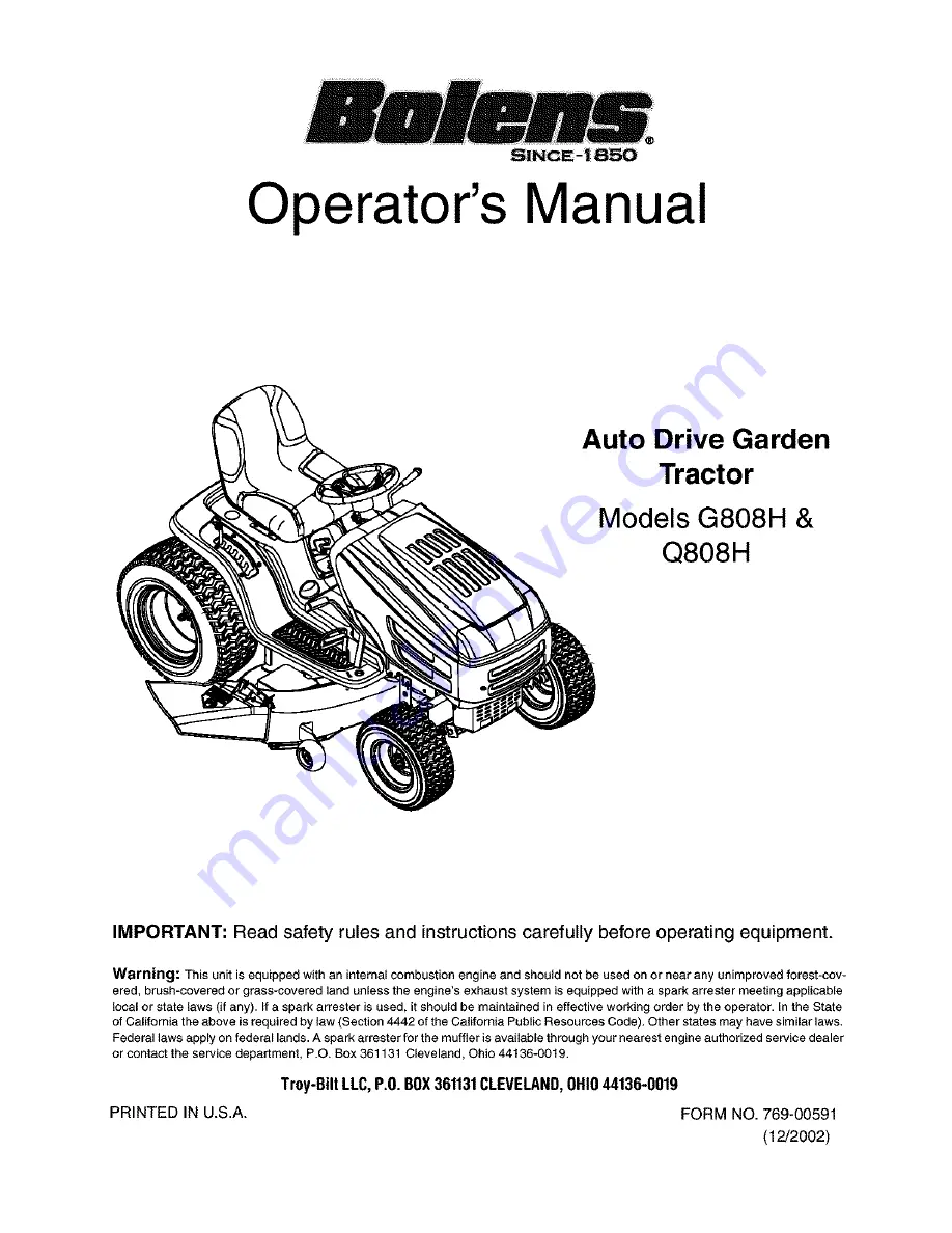 Bolens G808H Operator'S Manual Download Page 1