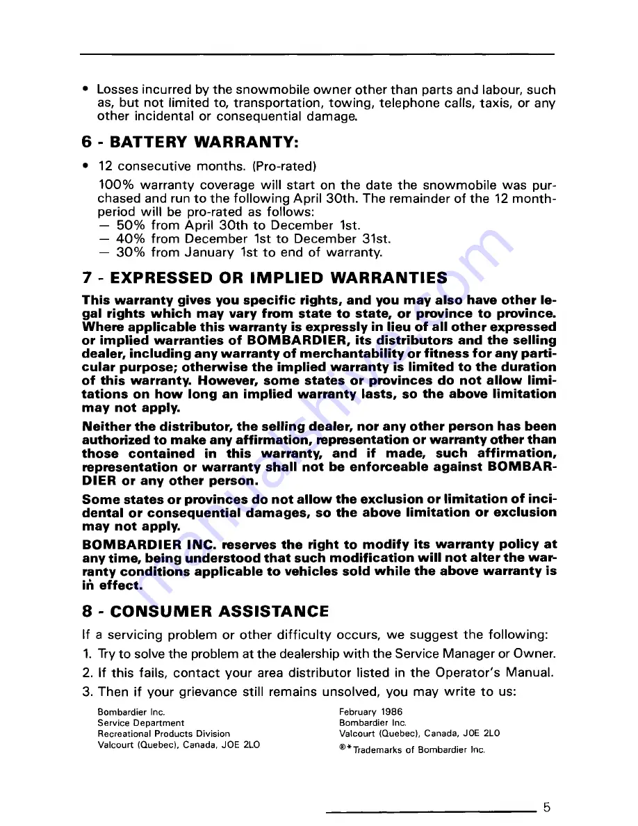 BOMBARDIER Alpine 1987 Operator'S Manual Download Page 7