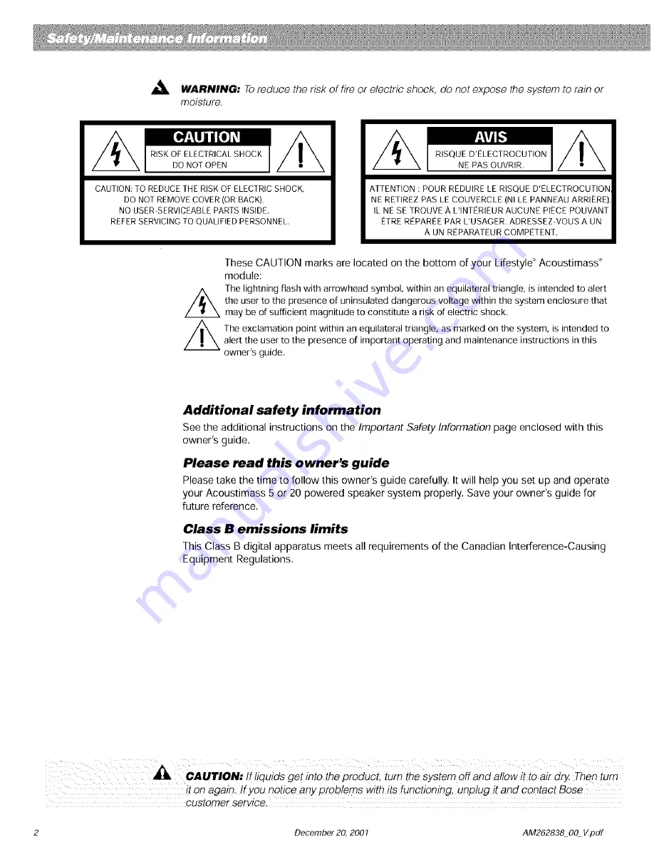 Bose Acoustimass 20 Owner'S Manual Download Page 2