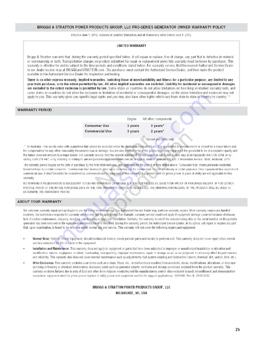 Briggs & Stratton 30555 Operator'S Manual Download Page 25