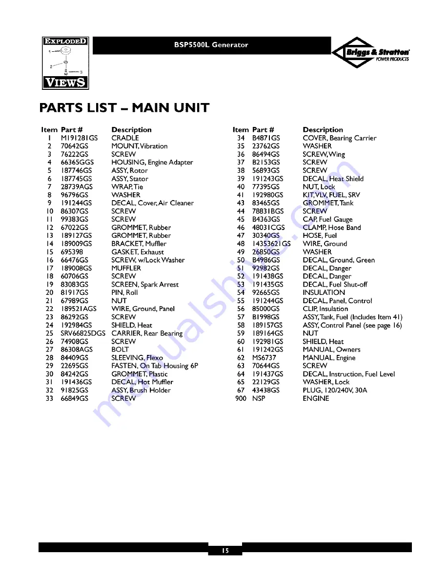 Briggs & Stratton BSP5500L Owner'S Manual Download Page 15