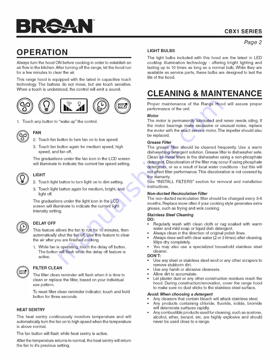 Broan CBX1 SERIES Скачать руководство пользователя страница 2