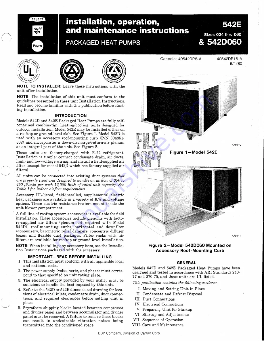 Bryant 542D060 Installation, Operation And Maintenance Instructions Download Page 1