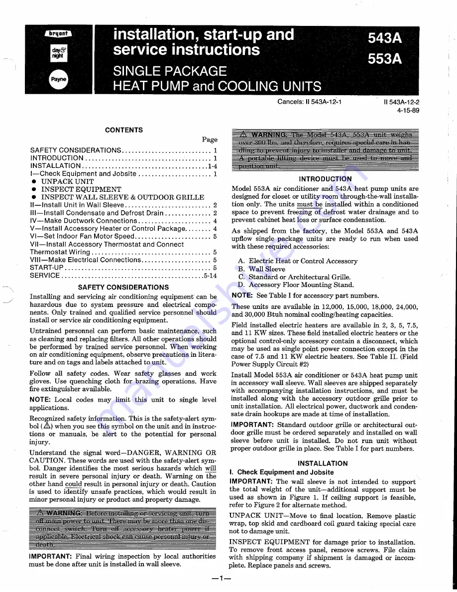 Bryant 543A Installation, Stat-Up And Service Instructions Download Page 1