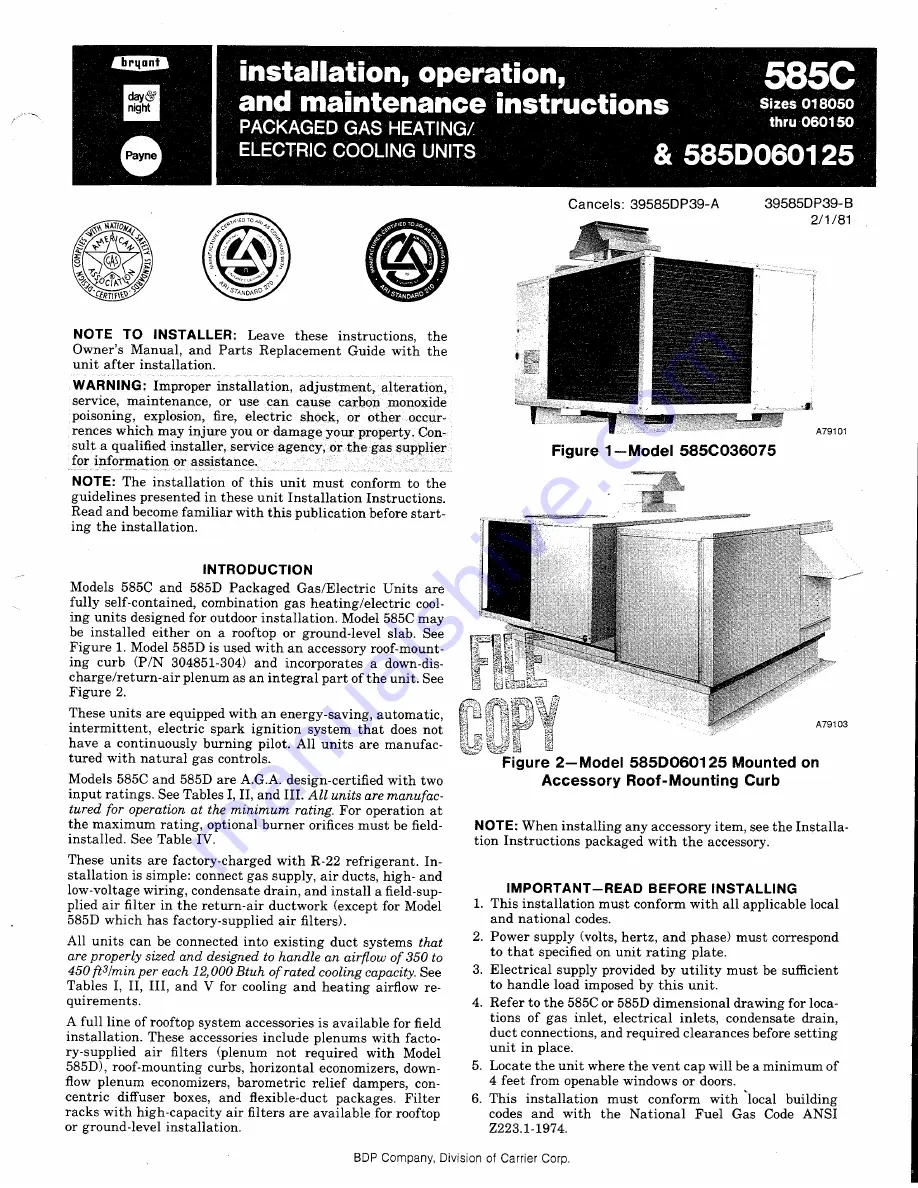 Bryant 585C048125 Installation, Operation And Maintenance Instructions Download Page 1