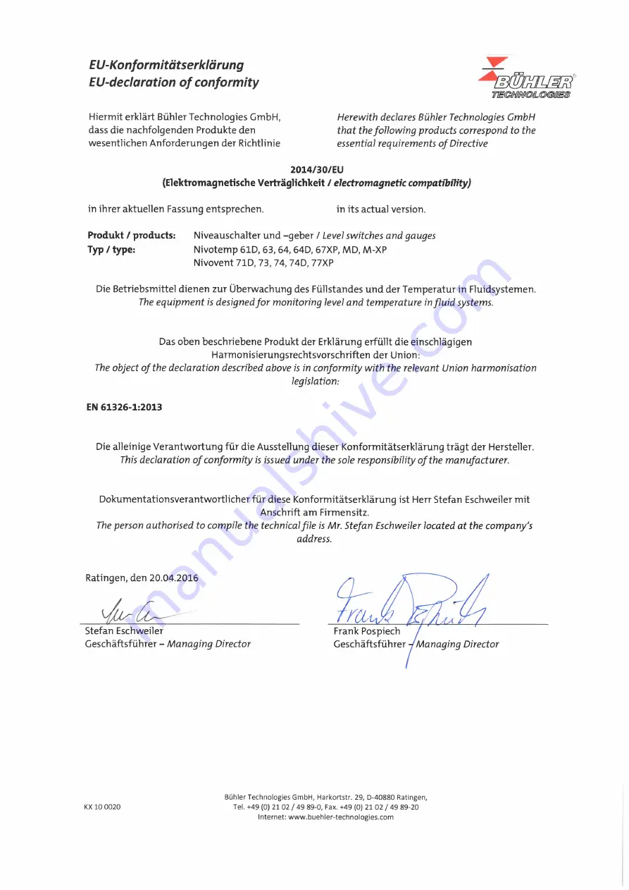 Bühler technologies Nivotemp NT M-XP Installation And Operation Instructions Manual Download Page 40