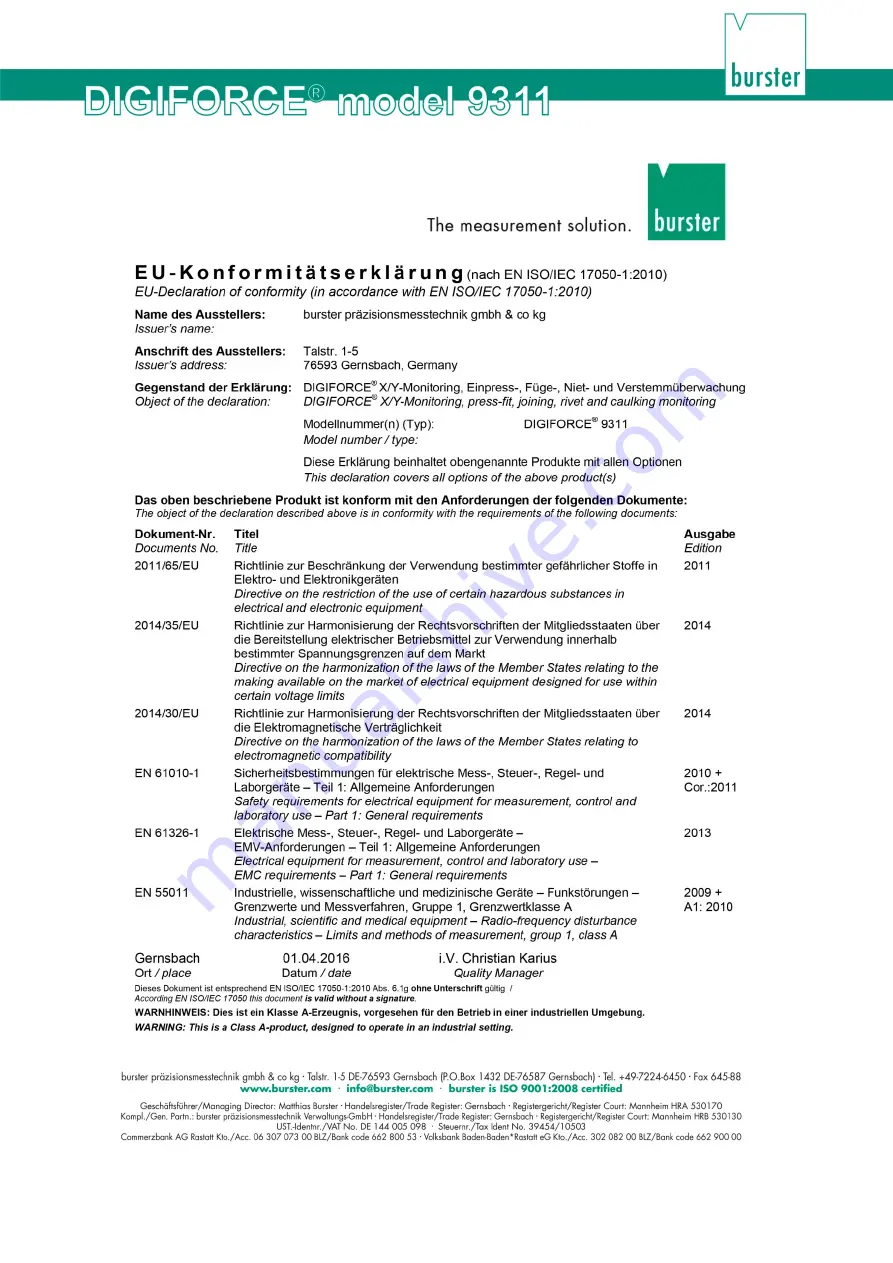 Burster DIGIFORCE 9311 Operation Manual Download Page 3