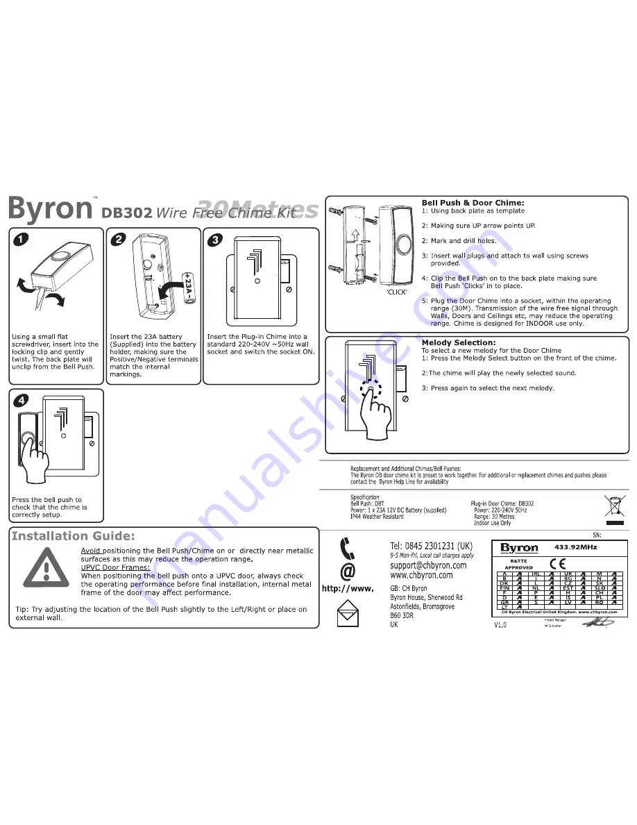 Byron DB302 Installation And Operation Instruction Download Page 1