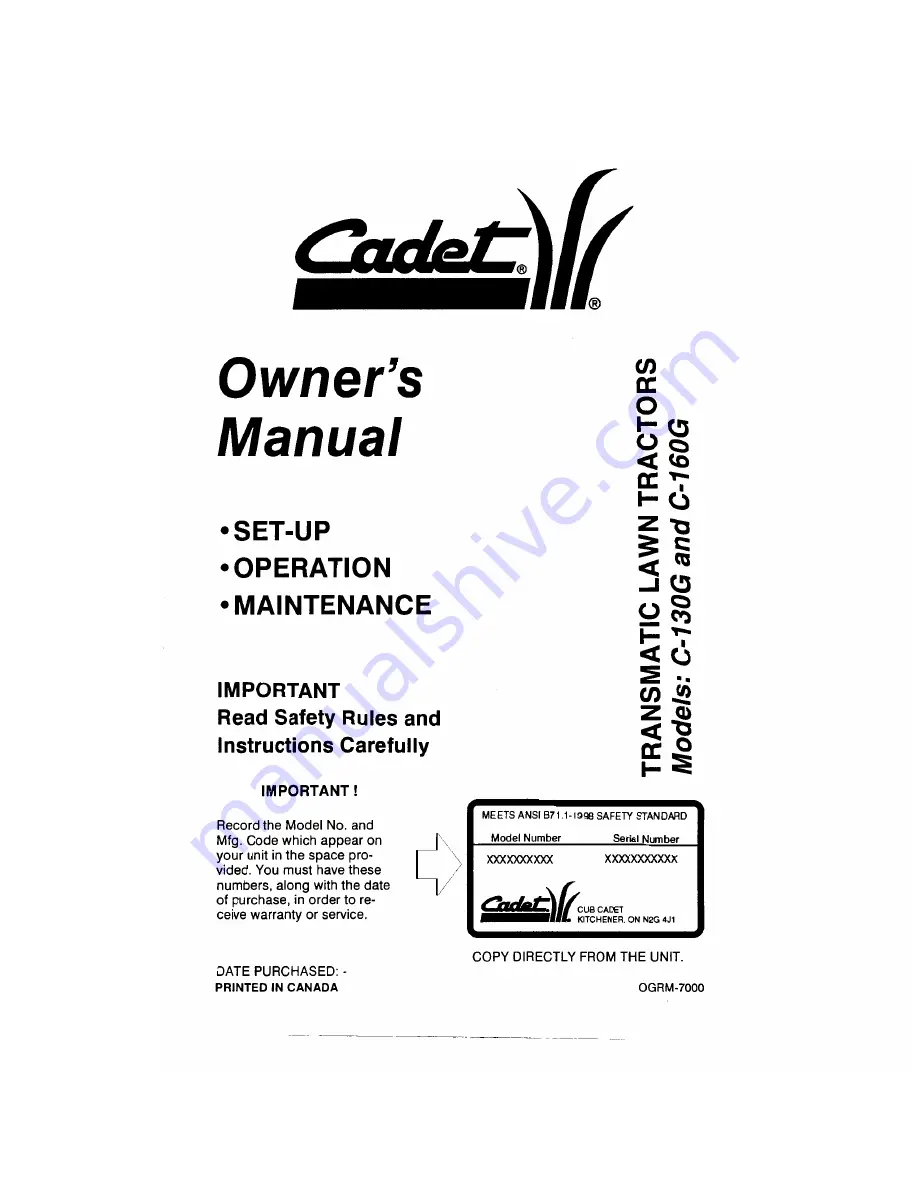 Cadet C-130G Owner'S Manual Download Page 1