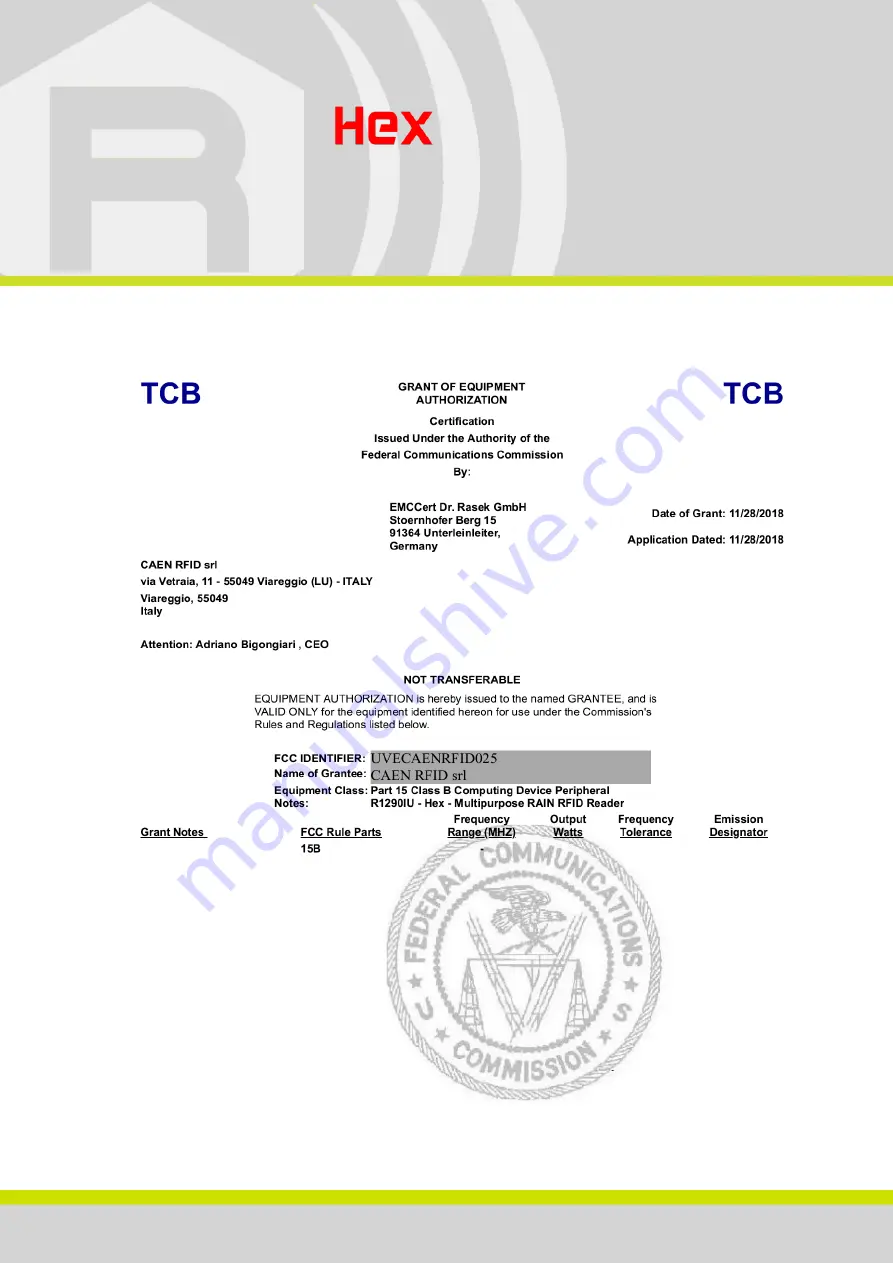 Caen RFID Hex R1290I Technical Information Manual Download Page 57