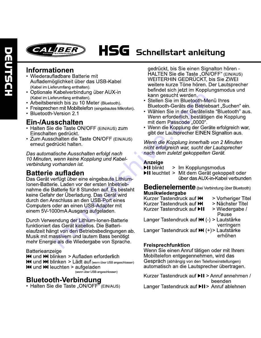 Caliber HSG 304VBT Quick Start Manual Download Page 6