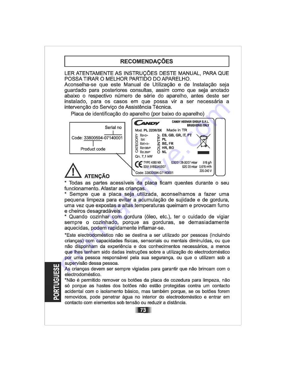 Candy PL 2230/3X Instructions For Use And Installation Download Page 73