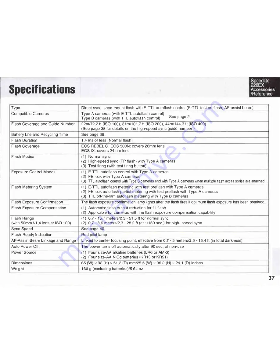 Canon 220EX - Speedlite - Hot-shoe clip-on Flash Instructions Manual Download Page 37