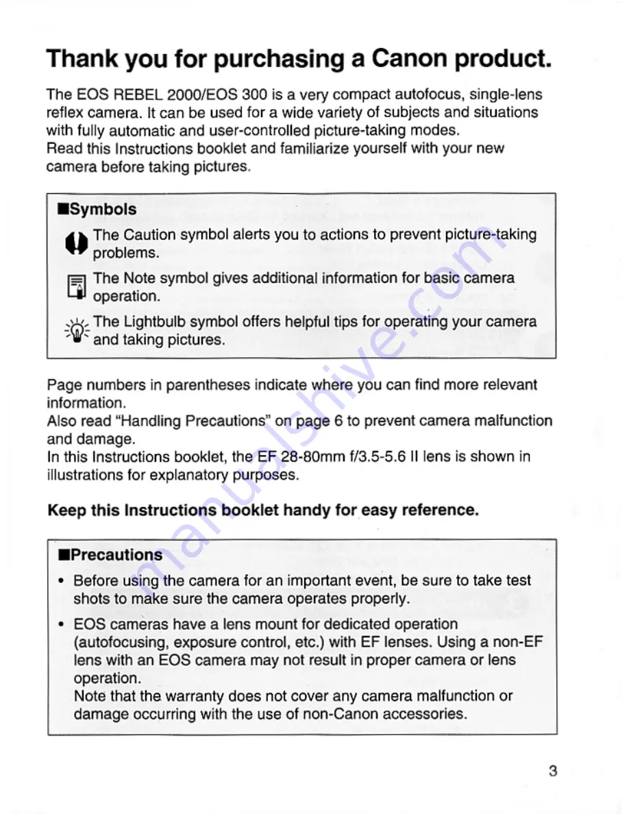 Canon EOS Rebel 2000 Instruction Manual Download Page 3