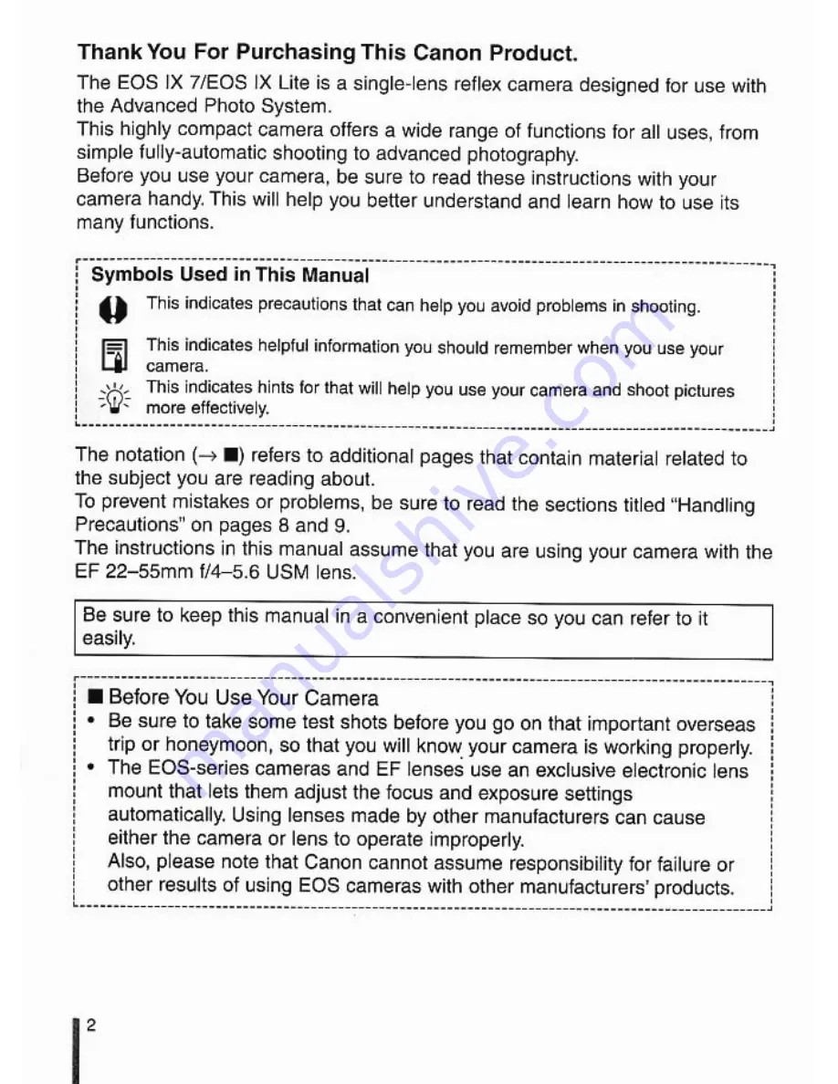 Canon IX Lite - EOS IX Lite APS SLR Camera Скачать руководство пользователя страница 2