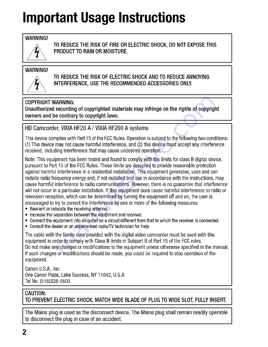 Canon VIXIA HF200 Instruction Manual Download Page 2