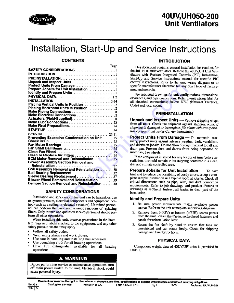 Carrier 40 UH Installation And Service Instructions Manual Download Page 1