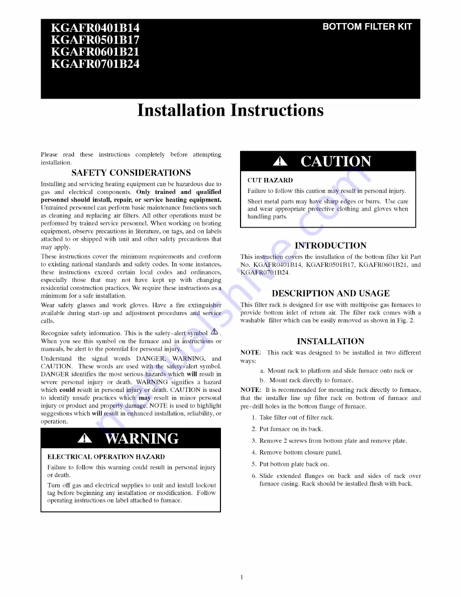 Carrier KGAFR0401B14 Installation Instructions Download Page 1