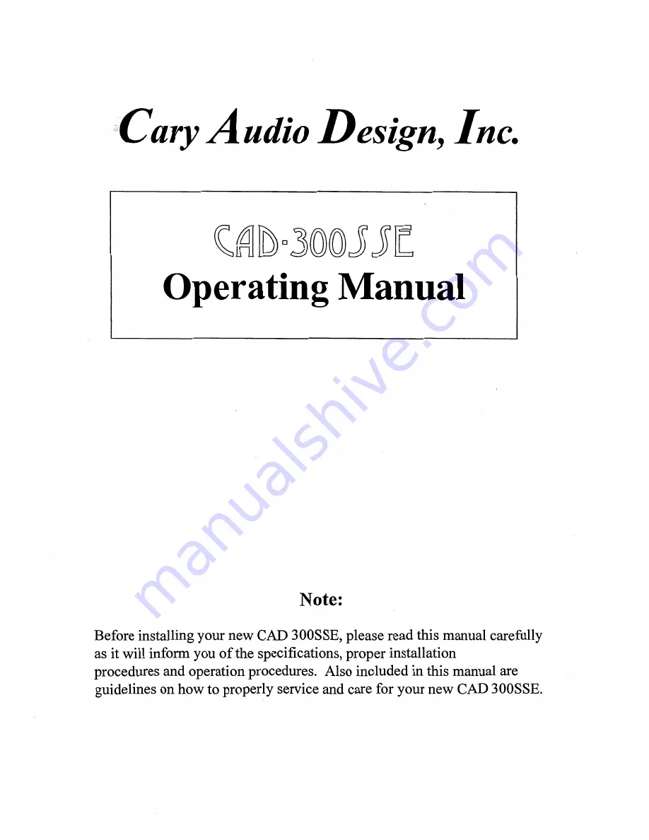 Cary Audio Design CAD-300S SE Operating Manual Download Page 1