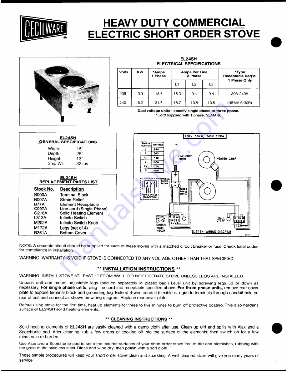 Cecilware EL-24SH Operation Manual Download Page 1