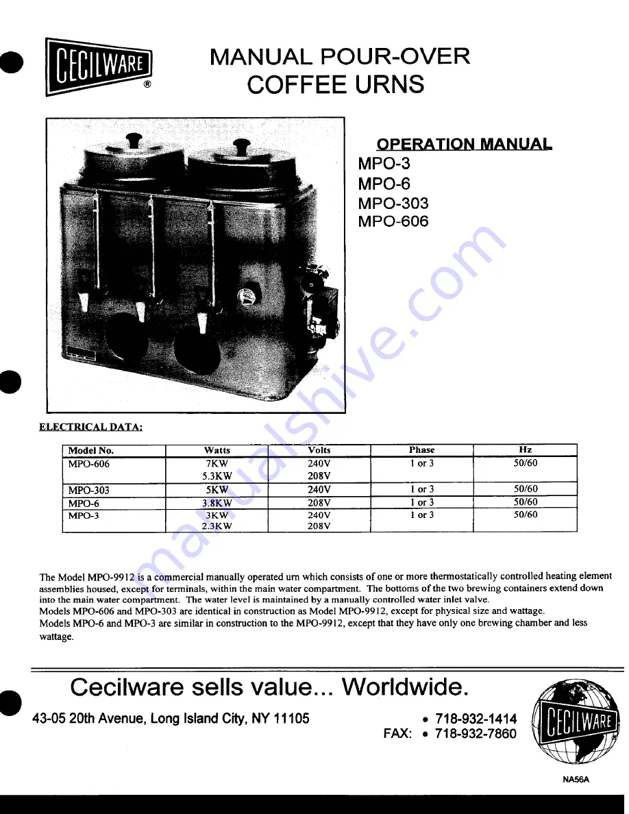 Cecilware MPO-3 Operation Manual Download Page 1