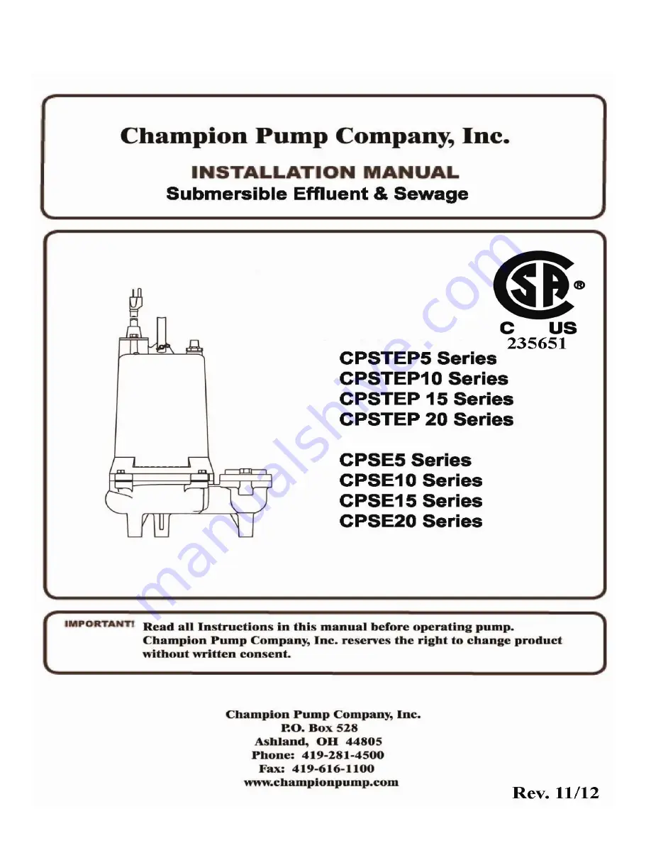 Champion Pump CPSE10 Series Installation Manual Download Page 1