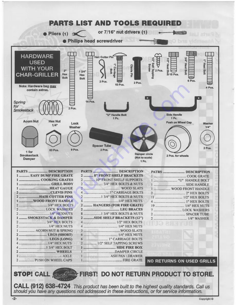 Char-Griller Smokin Pro 1244 Owner'S Manual Download Page 2