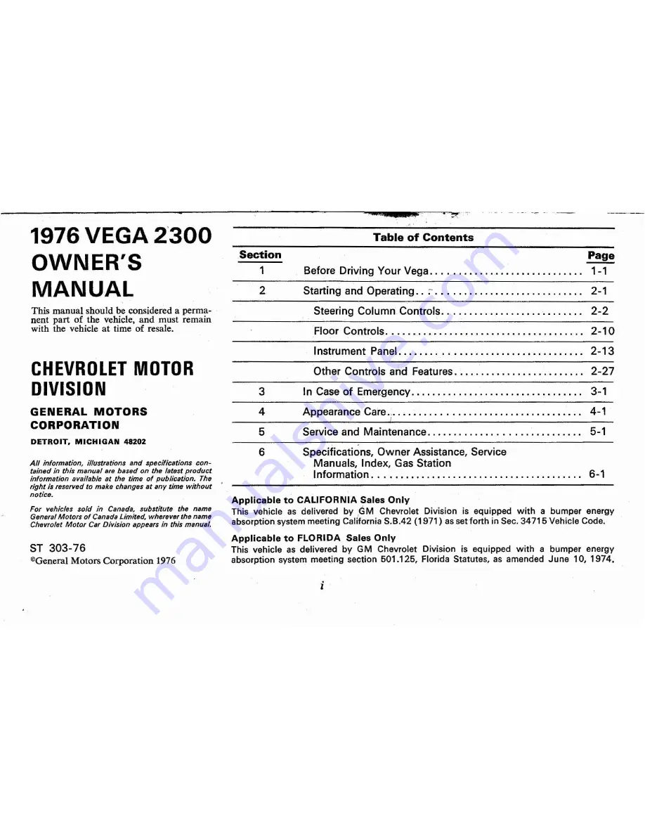 Chevrolet 1976 VEGA Owner'S Manual Download Page 4