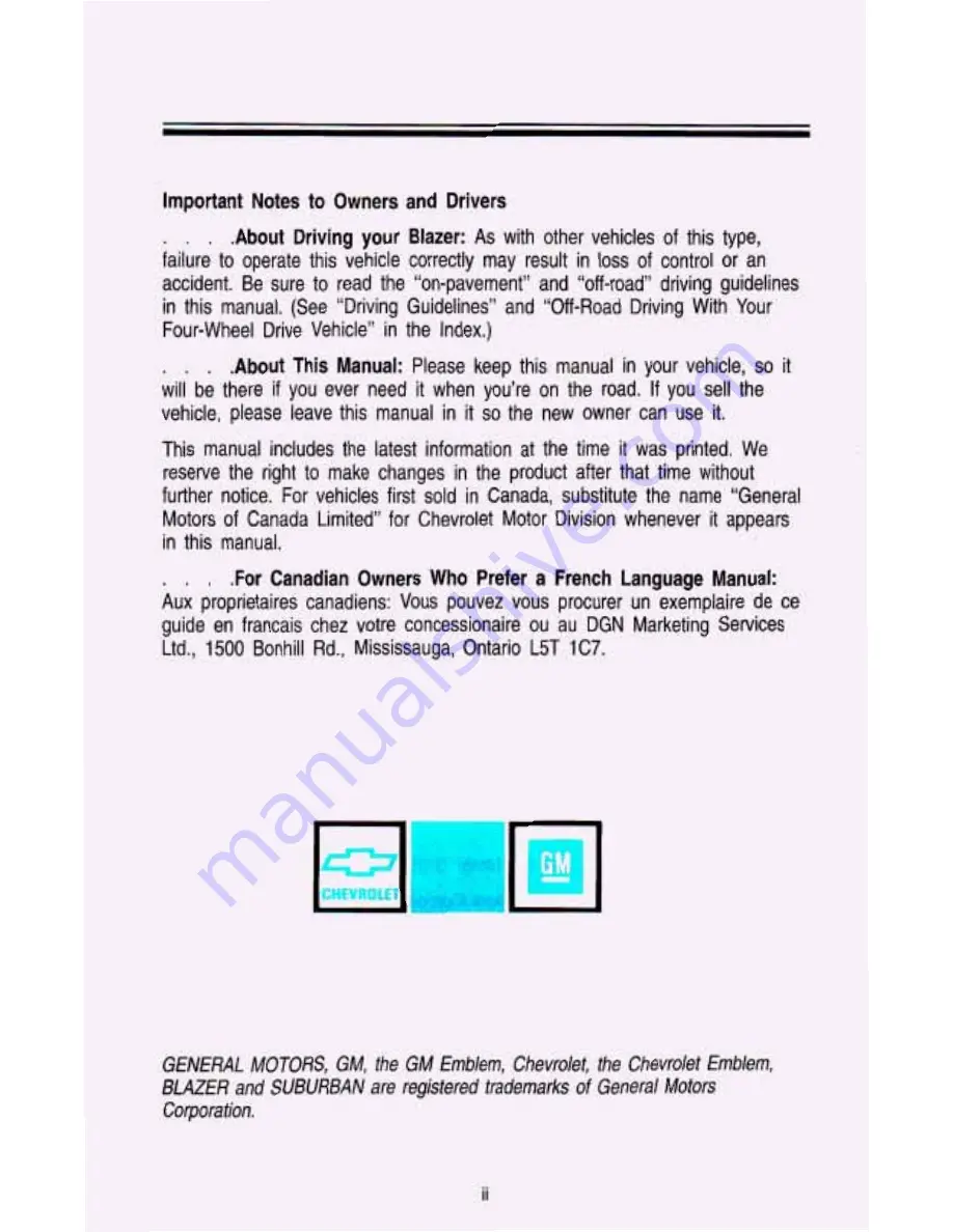 Chevrolet 1993 Blazer Owner'S Manual Download Page 3