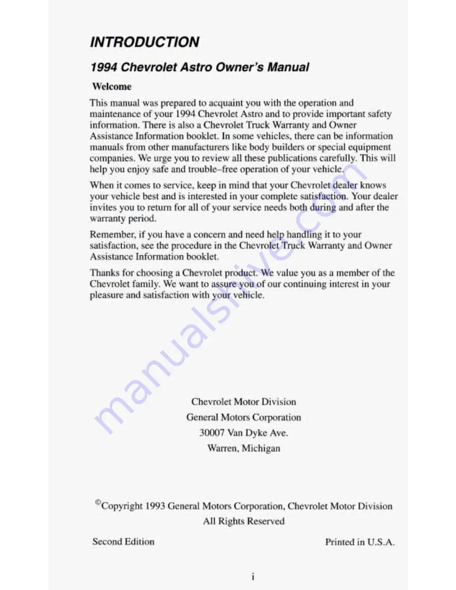 Chevrolet 1994 Astro Cargo Owner'S Manual Download Page 3