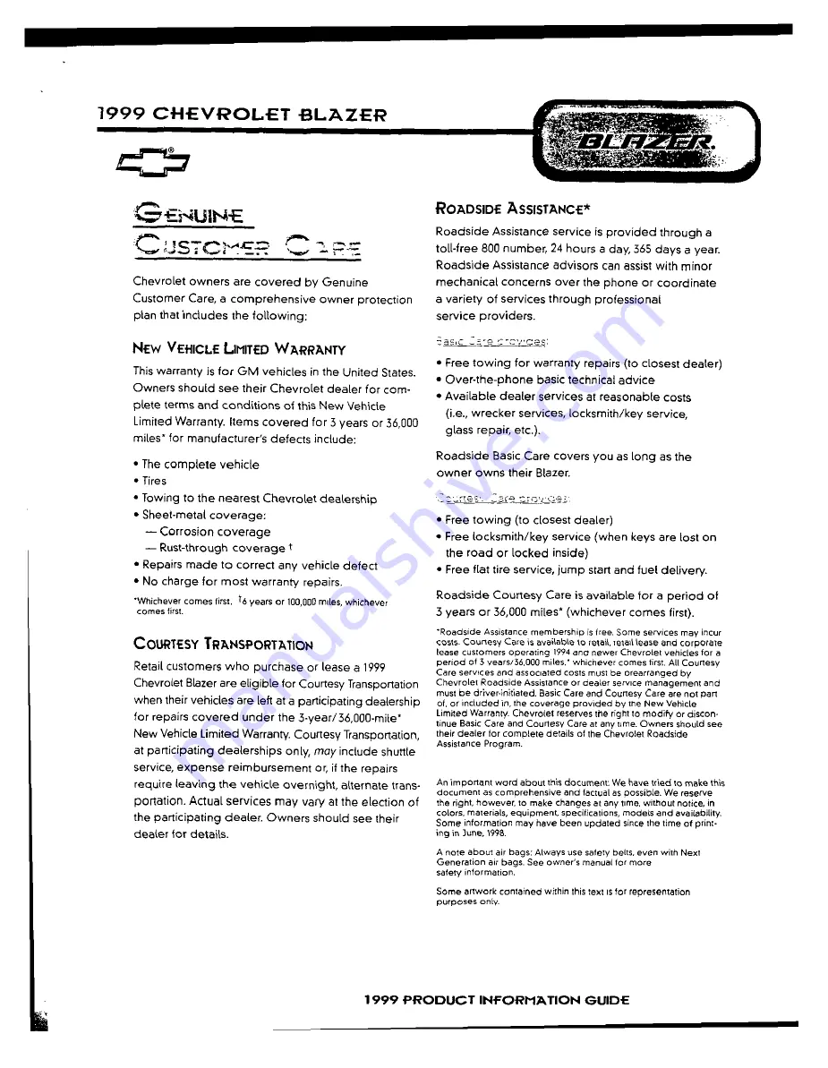 Chevrolet 1999 Blazer Product Information Manual Download Page 19