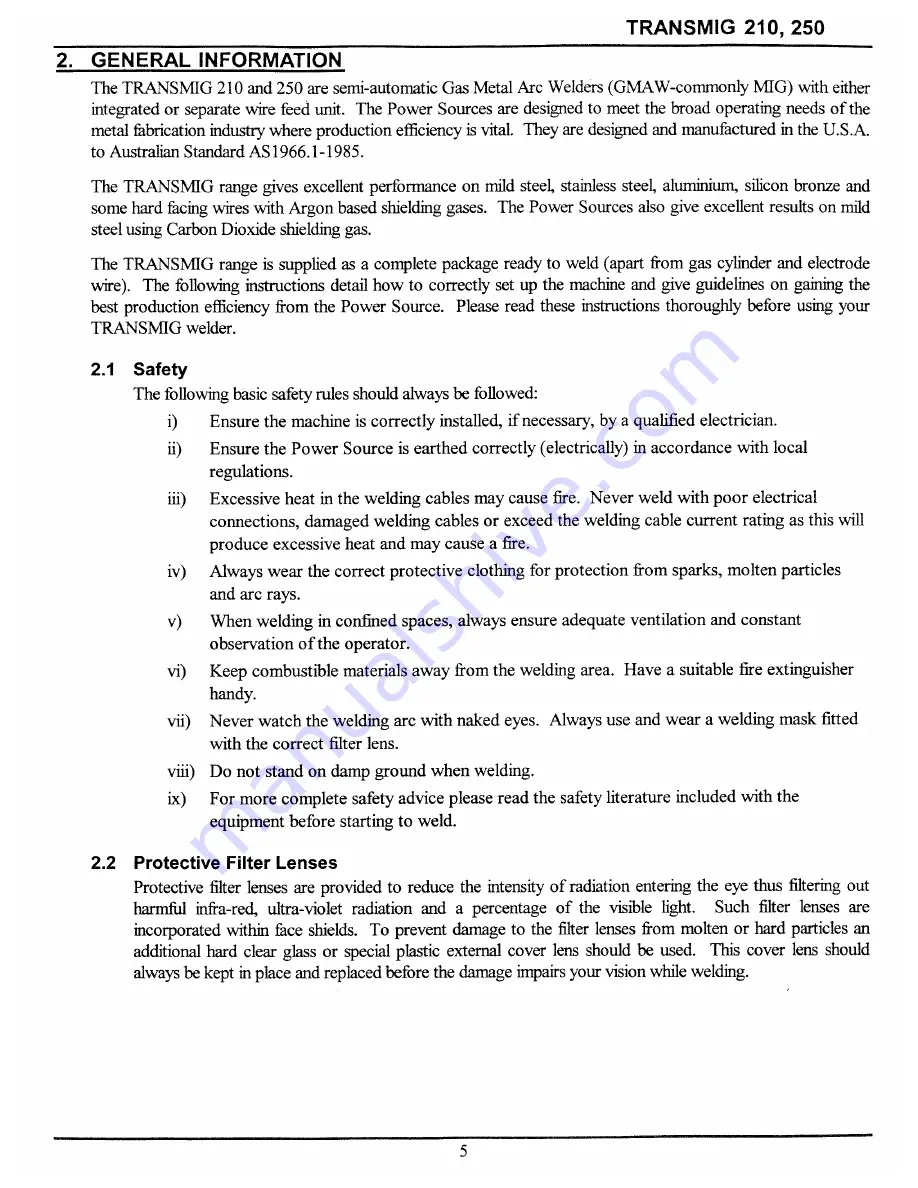 CIGWELD Transcmig 250se Operating Manual Download Page 11