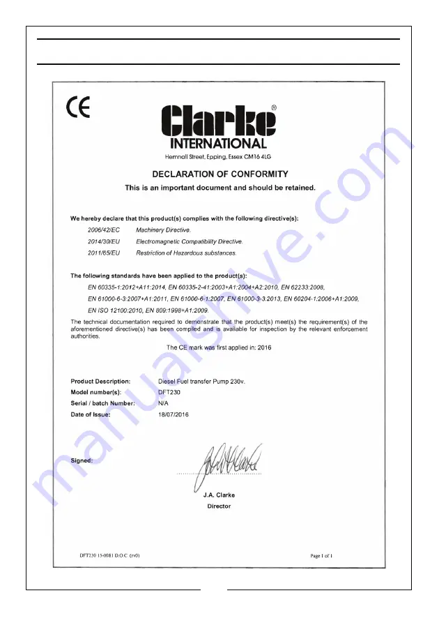 Clarke DFT230 Operation & Maintenance Instructions Manual Download Page 11